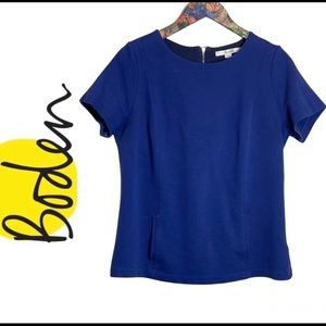 Boden | Ponte Knit Short Sleeve Top Pockets Zip Up Back Royal Blue